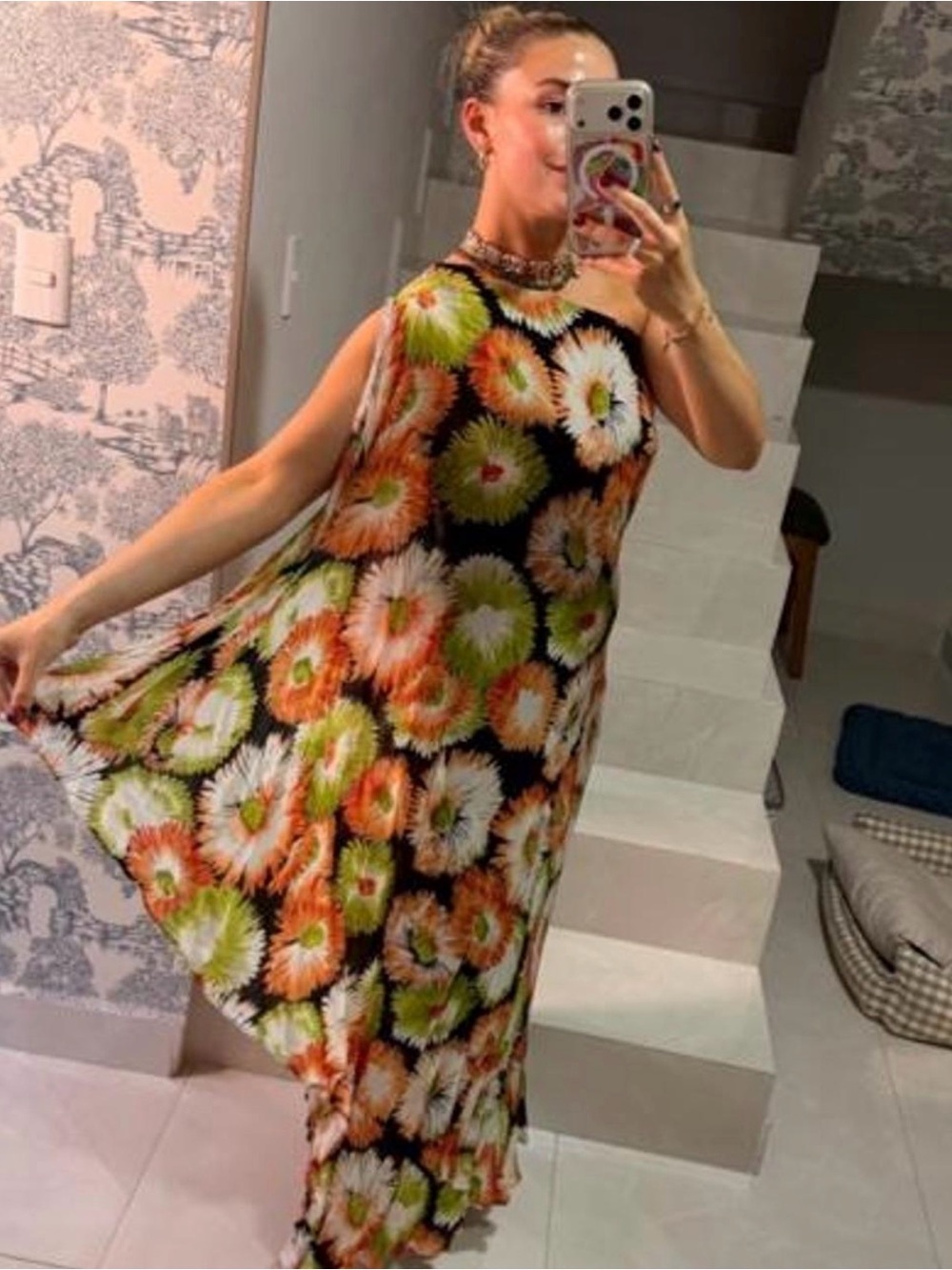 Zara Black Maxi Dress with Orange & Green Floral Burst